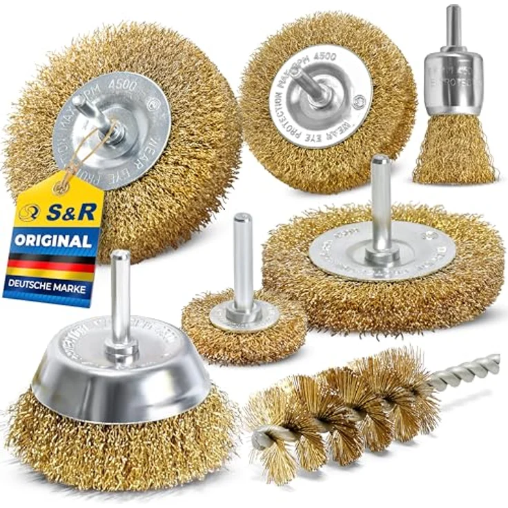 S&R Drahtbürsten Set 7-teilig, Stahldraht vermessingt, Rundschaft 6mm, Scheibenbürsten 38-100 mm, Topfbürste 75 mm, Pinselbürste 25 mm, Rohrbürste – Bild 1