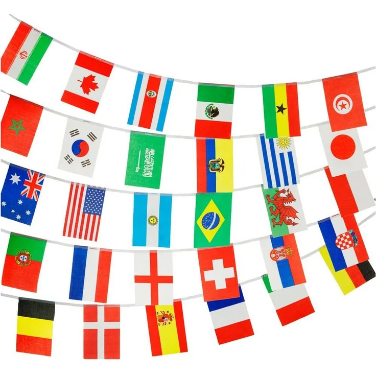PHENO FLAGS Flagge Flaggenkette 10 Meter Girlande Fahnenkette Wimpelkette Deko, stabile Schnur, bunt