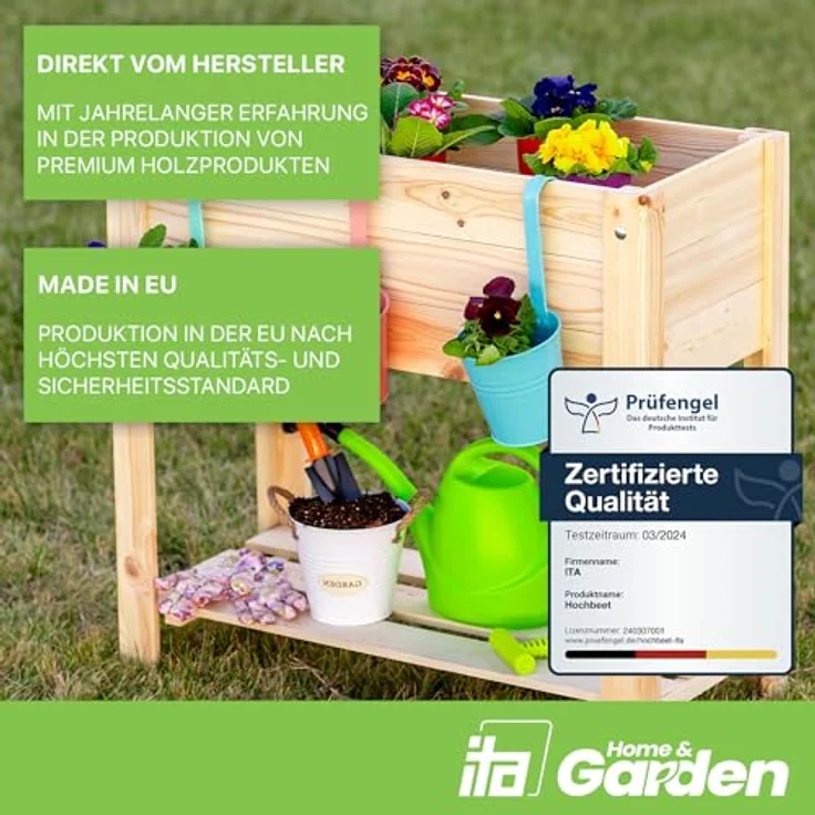 ITA Hochbeet aus Holz 80x37x78 cm - Pflanzkasten mit Ablageboden & Innenfolie - Made in EU - FSC Kiefernholz - Grau – Bild 2