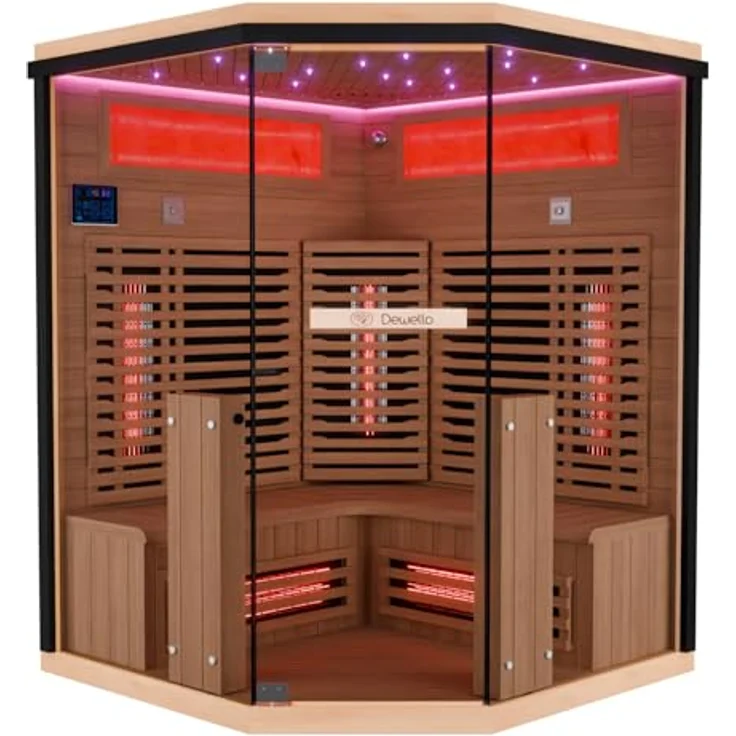 Dewello Sauna KENORA 140 Wärmekabine, 2-3 Personen, 7 Vollspektrumstrahler, (LED-Farblichttherapie inkl. Ionisator mit Ozondesinfektion und Aromatherapie, inkl. Ionisator mit Ozondesinfektion und Aromatherapie, Bluetooth & FM) klappbare Frontstrahler – Bild 5