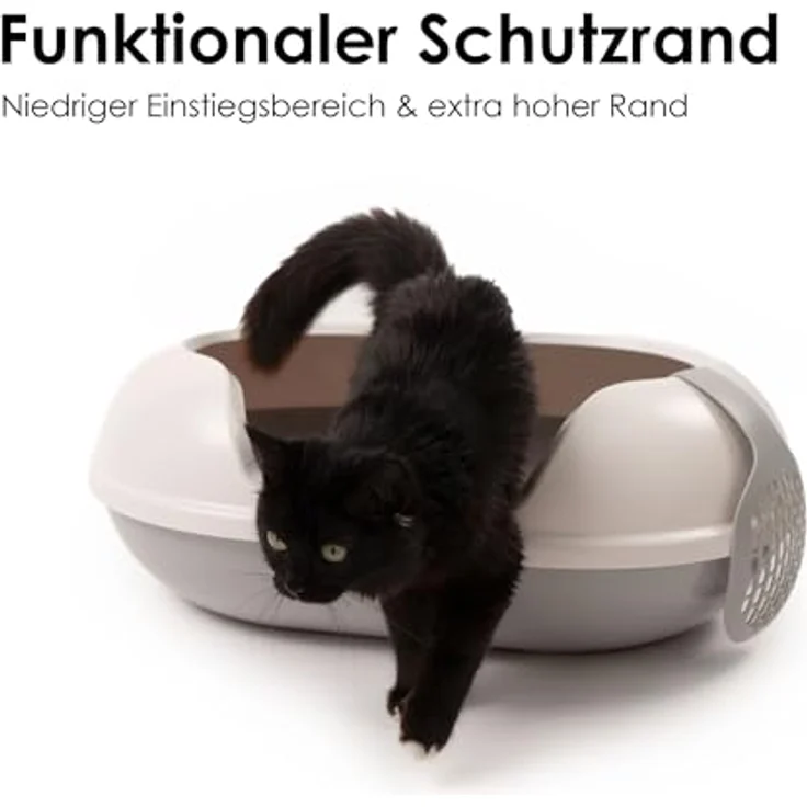 LucyBalu® Arena Katzenklo mit hohem Rand | große hop-in Katzentoilette geruchsfrei | modernes Design Katzenklo mit Einstieg von Oben | offenes XXL Katzen WC | inkl. Streuschaufel | grau/weiß – Bild 2