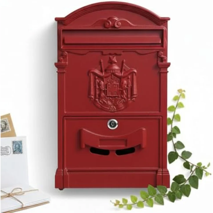 Melko Retro Briefkasten mit A4 Einwurf-Format, Aluguss und Stahl, ca. 25,5 x 8,6 x 41 cm, Rot – Bild 2