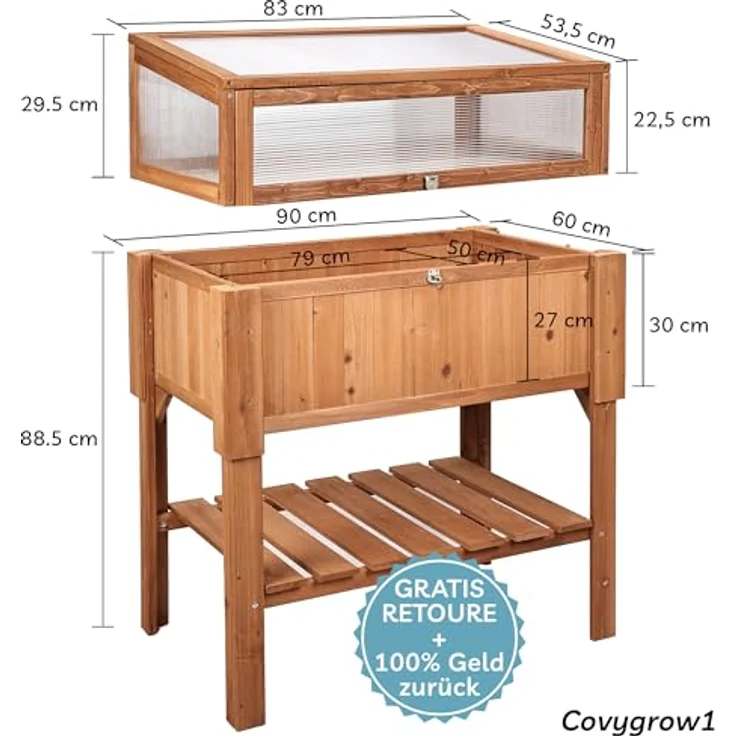 needs&wants® Großes Hochbeet mit Frühbeet-Aufsatz, Holz in braun, 90 x 60 x 118 cm, mit stabilem Tannenholz, feststellbarem Deckel und Stauraum für Gartenbedarf – Bild 5