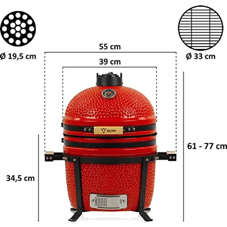 BBQ-Toro Kamado Grill Shiro Ø 39 cm mit Thermometer, Holzgriffe | Rot | Mini Holzkohlegrill, Ceramic Grill, Keramikgrill, Grill Ei, Grill Rund Holzkohle, Kamado BBQ – Bild 3