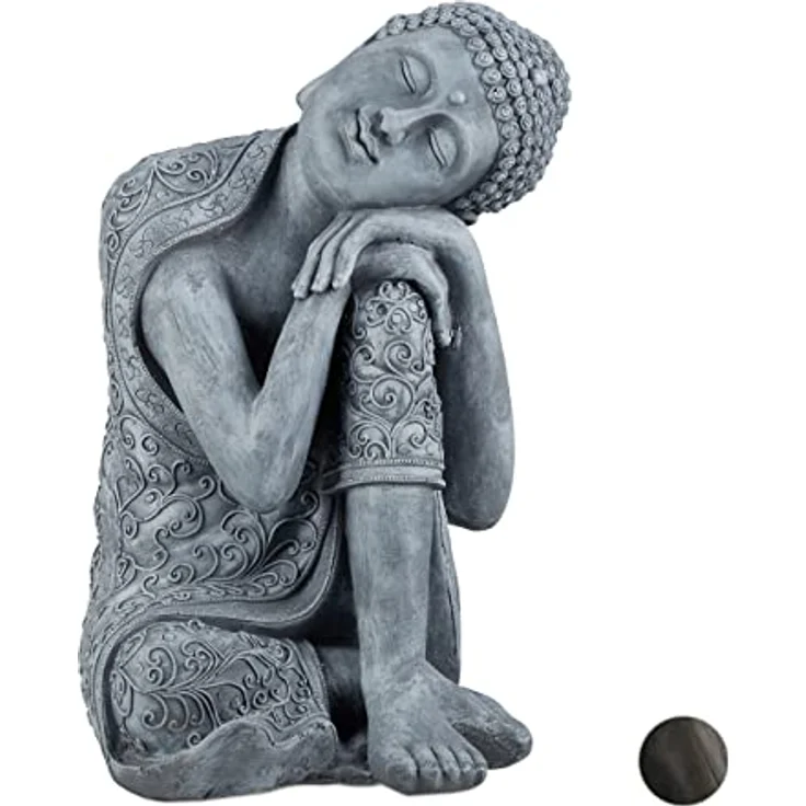 Relaxdays Buddha Figur geneigter Kopf, XL 60cm, Asia Deko, Gartenfigur, Dekofigur Wohnzimmer, frost- & wetterfest, grau – Bild 2