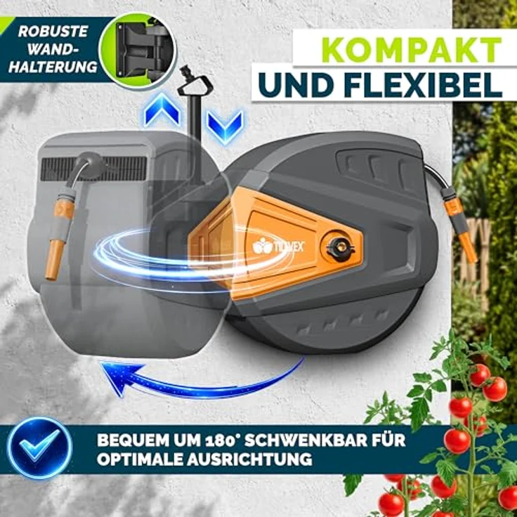 tillvex Schlauchtrommel Wasser mit Wandhalterung, 20m Gartenschlauch, Handbrause mit 9 Funktionen, 180° schwenkbar, anthrazit/orange, Aufroll-Automatik – Bild 2