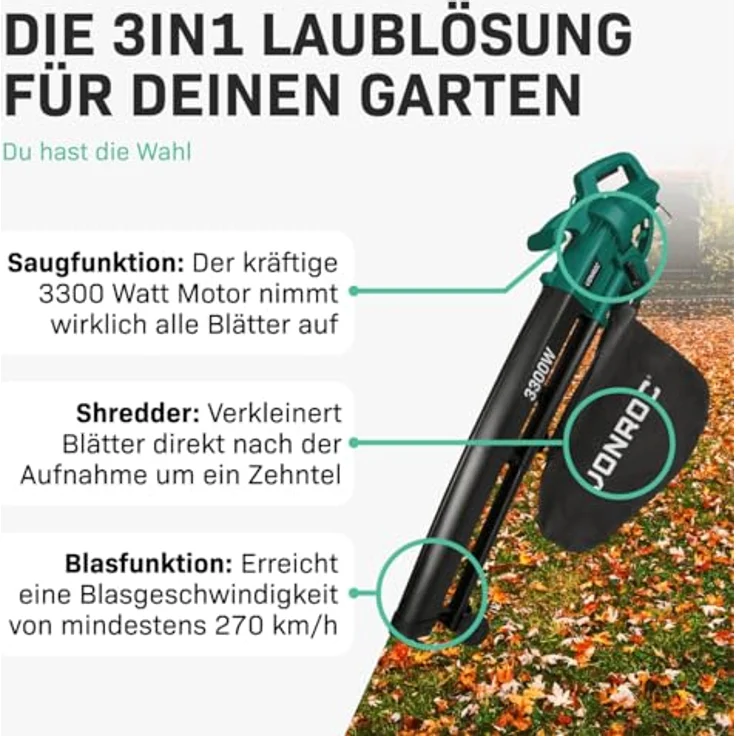 VONROC Laubsauger Elektro 3300W, 3 in 1 Laubsammler mit 270 km/h Blasgeschwindigkeit und 40L Auffangbeutel – Bild 2