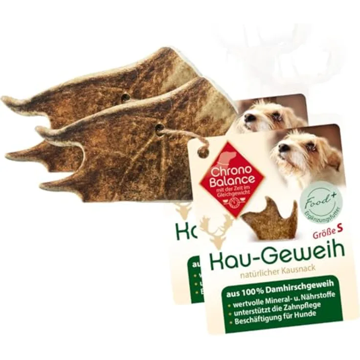 ChronoBalance® S (2er Set) Kaugeweih Damhirsch für Hunde: 100% Geweih Abwurfstange Kaustange, natürlicher Kausnack zur Zahnpflege, mineralstoffreich & nährstoffhaltig
