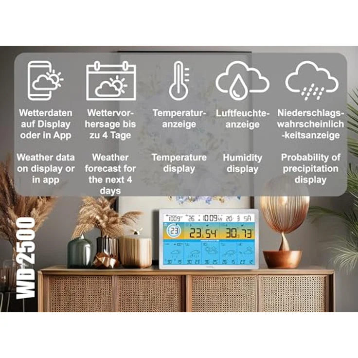 Techno Line WD2500 Funk-Wetterstation, WLAN Wetterdaten für bis zu 3 Außensender, mit Temperatur-, Luftfeuchtigkeits- und Wettervorhersage-Funktionen, weiß – Bild 4