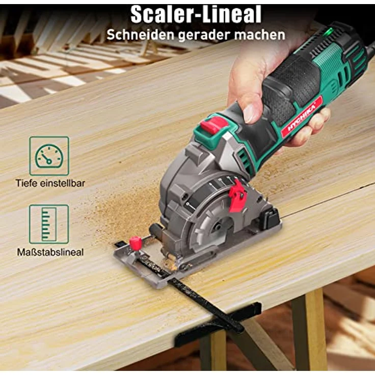 Mini Kreissäge, HYCHIKA Handkreissäge mit 3 Sägeblättern, Skalenlineal, 500W Motor aus reinem Kupfer, 4500RPM, Ideal für Holz-, Weichmetall-, Fliesen- und Kunststoffschnitte – Bild 3