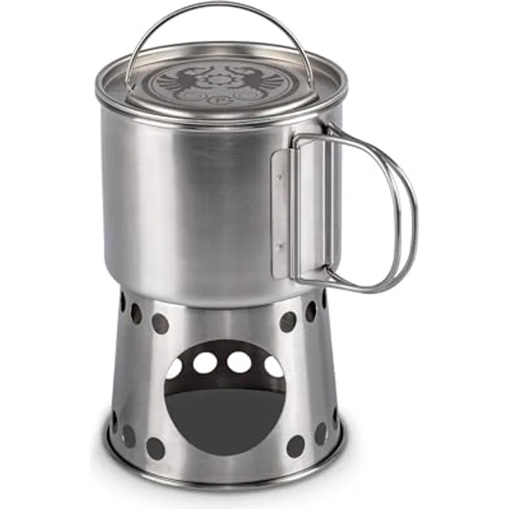 Petromax Kochbecher cp750, 2 in 1 Kochstelle und Becher aus gebürstetem Edelstahl, 750 ml, mit klappbaren Griffen und Transporttasche