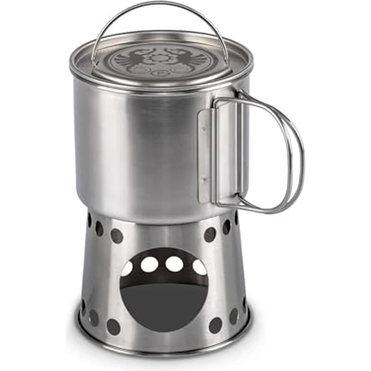 Petromax Kochbecher cp750, 2 in 1 Kochstelle und Becher aus gebürstetem Edelstahl, 750 ml, mit klappbaren Griffen und Transporttasche – Bild 1