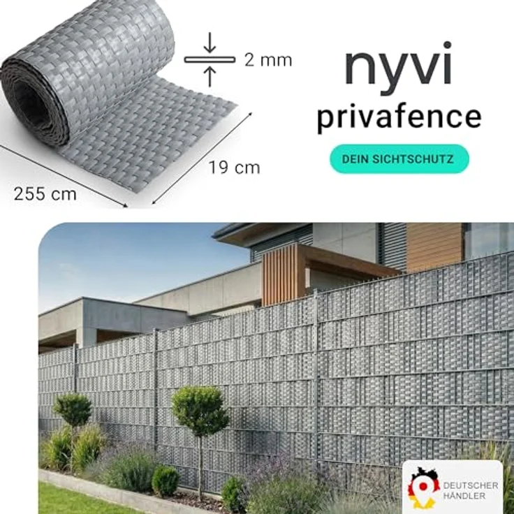 NYVI Privafence Polyrattan Sichtschutzstreifen, hellgrau, 255 x 19 cm, 10 Rollen (25,5 Meter), blickdicht, wetterfest, für Doppelstabmatten-Zaun – Bild 2