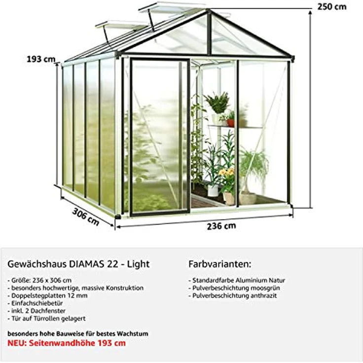 GFP Gewächshaus Diamas 22 Light 235x311 cm mit integriertem Fundament 12 mm Doppelstegplatten, Farbe Moosgrün - Made in Austria – Bild 3
