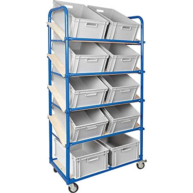 BRB Schrägboden-Regalwagen mit 5 Ebenen, 4 Lenkrollen, bestückt mit 10 Euroboxen 600x400x220 mm grau – Bild 1