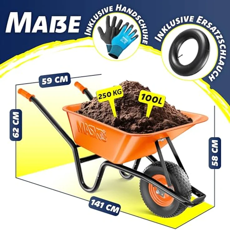 MASKO Schubkarre, 100 Liter bis 250kg, orange – Bild 3