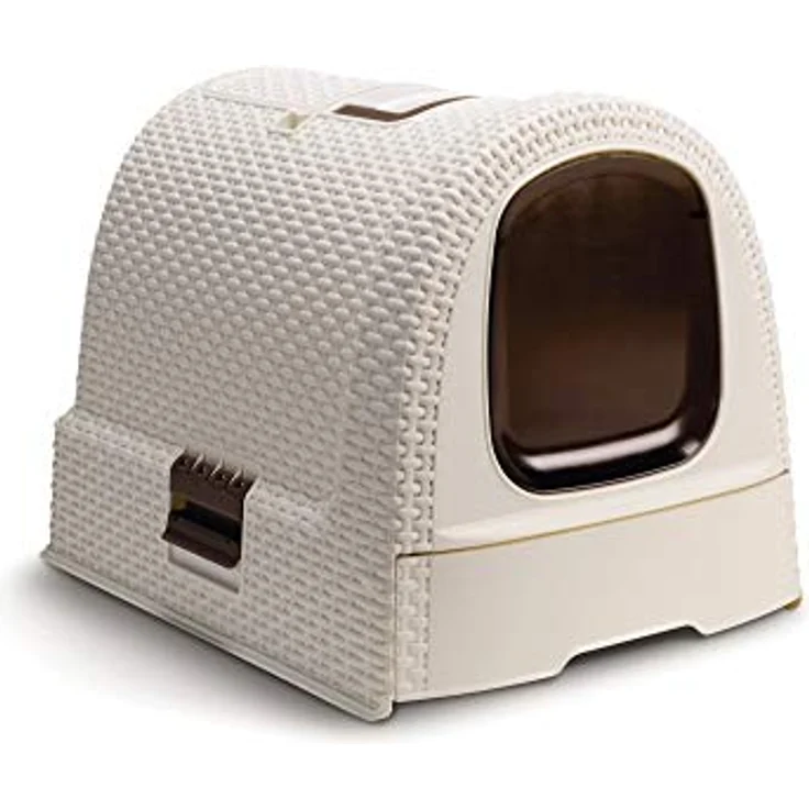 Curver petlife Katzentoilette mit Deckel, Katzenklo inklusive Schaufel, moderne Rattangeflecht-Optik, weiß, 51,5 x 38,5 x 40 cm – Bild 1
