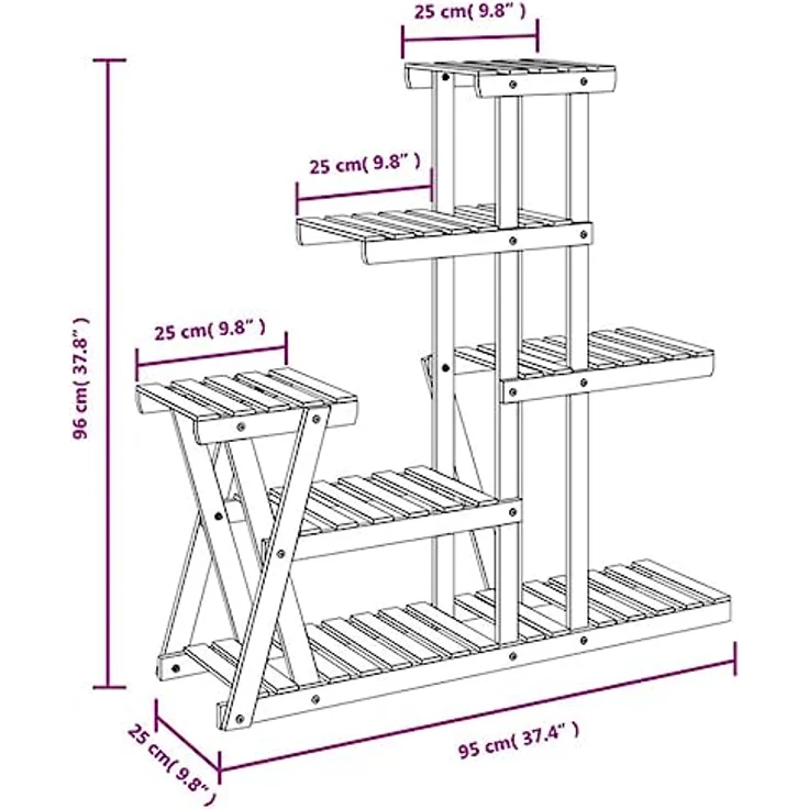 vidaXL Blumenständer, Pflanzständer 95x25x96 cm Massivholz Tanne, Karbonisiertes Braun, 10 kg Belastbarkeit pro Boden – Bild 3