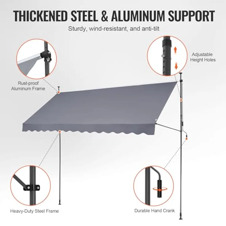 VEVOR Klemmmarkise 350 x 120 cm, Balkonmarkise mit Handkurbel, Sonnenmarkise, Höhenverstellbar von 218 bis 309 cm, Grau – Bild 3