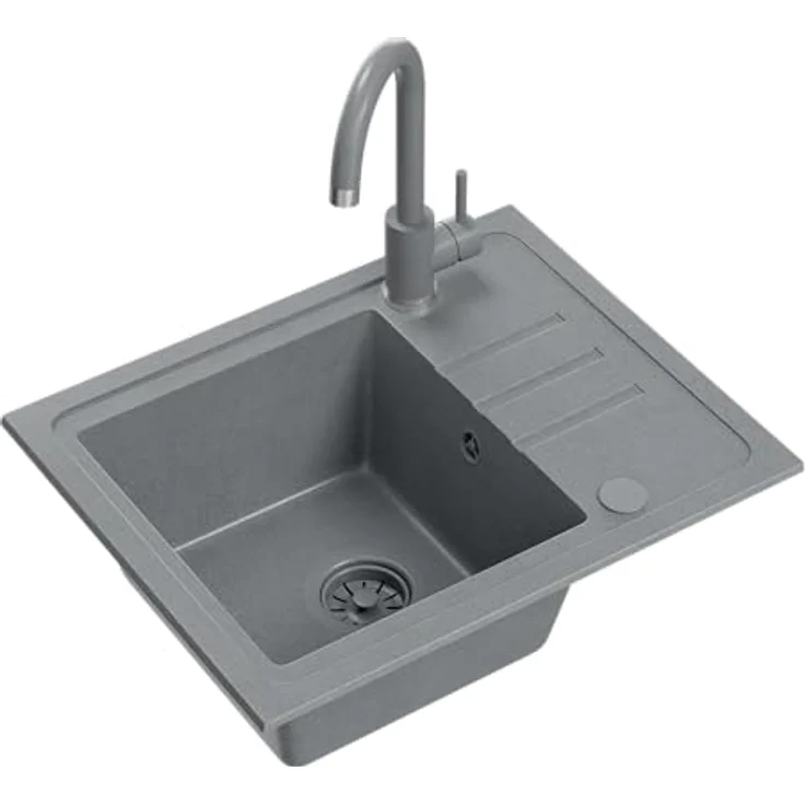 VBChome Spülbecken Granit Grau mit Armatur 55 x 44 cm Einzelbecken Einbauspüle Gesprenkelt Reversibel Granitspüle Grau Siphon Waschbecken Grau Armatur, elegante und langlebige Granitspüle mit praktischer Abtropffläche und hochwertiger grauer Küchenarmatur – Bild 2