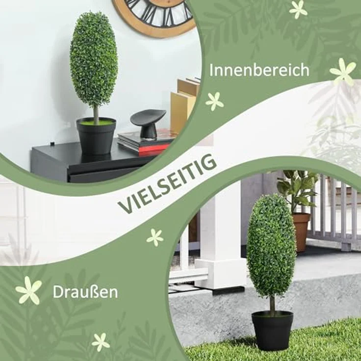 HOMCOM 2er-Set Künstliche Buchsbaum 60 cm, UV-beständige Kunstpflanze im Olivenform mit Drahtkern, pflegefrei und stabil, Dekoration für Innen- und Außenbereiche – Bild 5