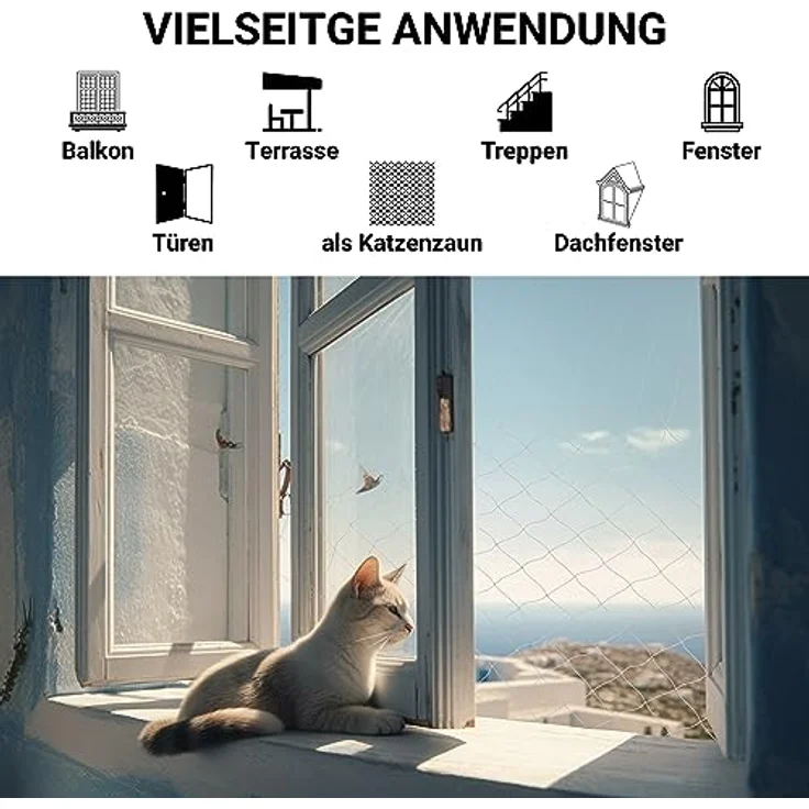 FinoPet Katzennetz für Balkon 4x3 Meter transparent inklusive Befestigungsmaterial, Katzenschutznetz Katzengitter Schutznetz Sicherheitsnetz Balkonnetz für Katzen, Katzennetz für Balkon ohne Bohren – Bild 3