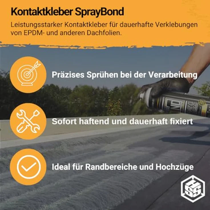 HSS EPDM Kleber SprayBond, Hochleistungs-Sprühkleber für EPDM Folie, 750ml, geeignet für Randbereiche & Hochzüge auf Beton, Holz, Metall, PU-Dämmungen und Bitumen, witterungsunabhängig, sofort haftend – Bild 2