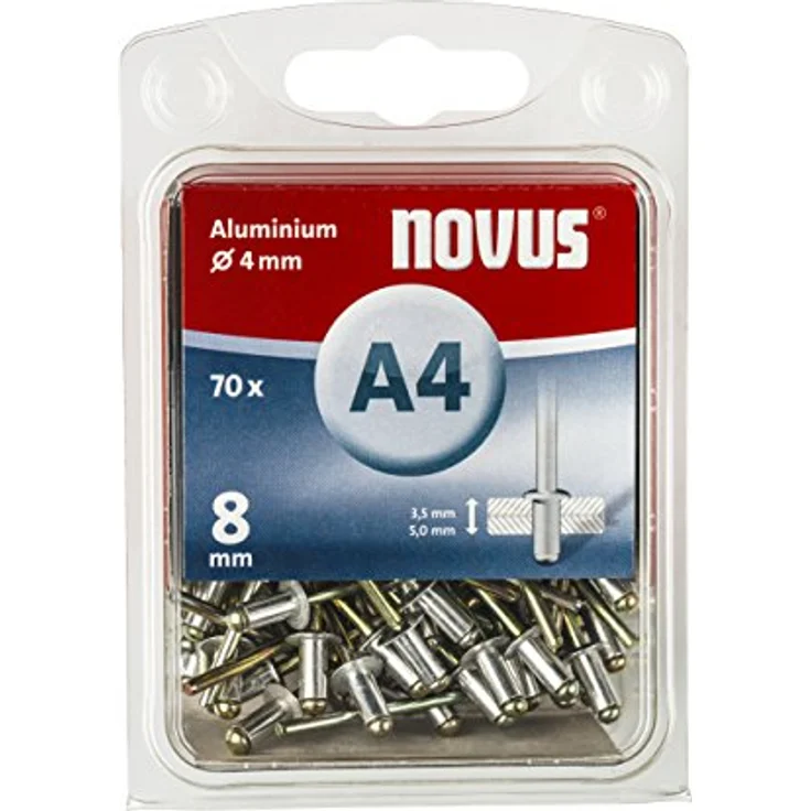 Novus Blindnieten 8 mm Aluminium, 70 Blindnieten, Ø 4 mm, 3.5-5.0 mm Klemmlänge, Befestigung von Kunst-Stoff und Leder – Bild 2