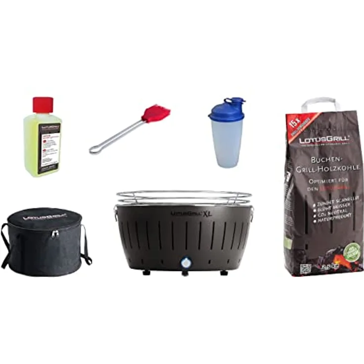 LotusGrill XL Starter-Set 1x XL Grill Anthrazitgrau mit USB-Anschluß, 1x Buchenholzkohle 2,5 kg, 1x Brennpaste 200ml, 1x Marinierpinsel, 1x Dressingshaker, 1x Transport-Tasche XL
