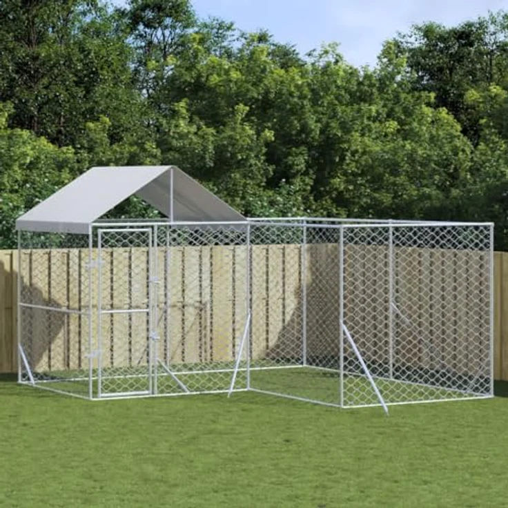 vidaXL Outdoor-Hundezwinger mit Dach Silbern 4x4x2,5m Verzinkter Stahl, für Hunde, Hühner und Kleintiere, abschließbare Tür, wasser- und UV-beständiges Schutzdach – Bild 2