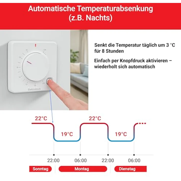 Elektrobock Funk Raumthermostat BPT012, programmierbar, Heiz- und Kühlmodus, Reichweite 35 m, automatische Nachtabsenkung, Aufputzmontage – Bild 4