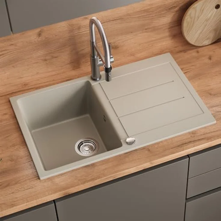 Bergström Spülbecken "Kapstadt", Beige, 78 x 50 cm, robuste Quarz- und Harzkonstruktion mit integriertem Abtropfflügel – Bild 3