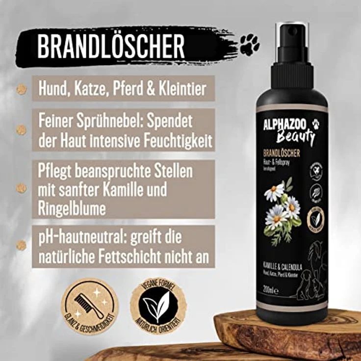ALPHAZOO Brandlöscher Juckreiz Spray, 200 ml für Hunde, Katzen und Welpen, bei Juckreiz, trockener Haut, Pilzen & Milben, mit Kamille und Ringelblume – Bild 2