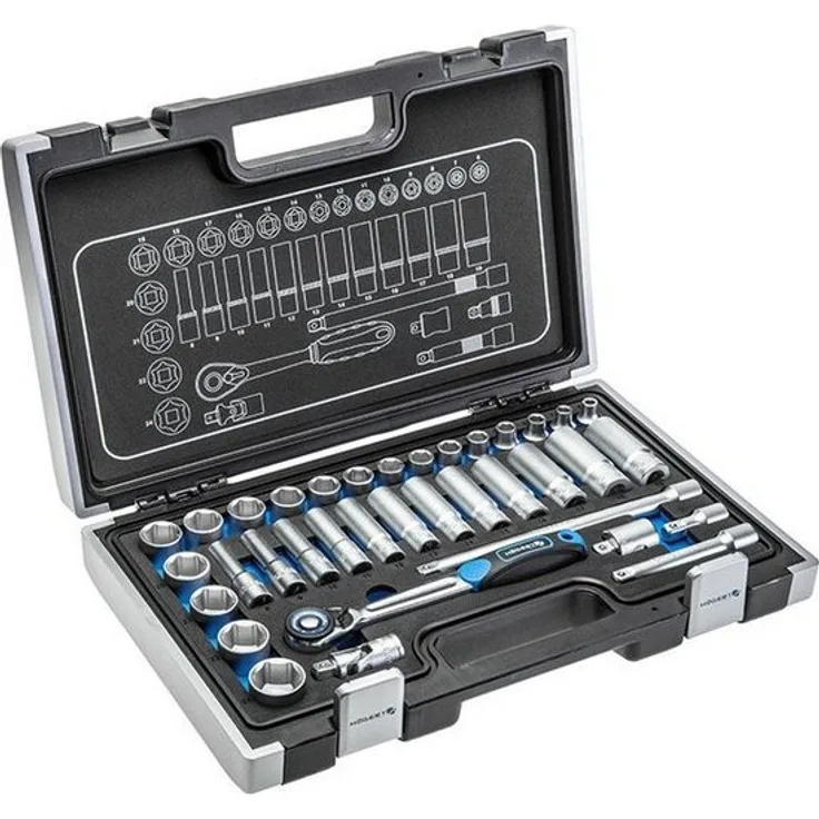 Högert Werkzeugbox Steckschlüssel-Satz Ratschenkoffer Knarrenkasten, Chrom-Vanadium-Stahl, 3/8" Zollmaß, 36-teiliges Set