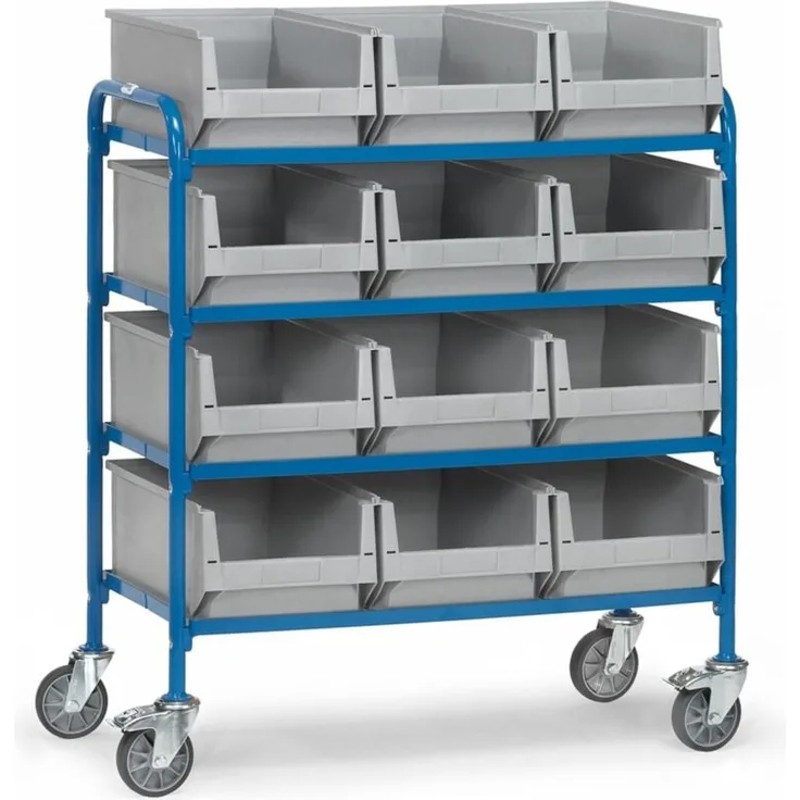 Fetra Beistellwagen mit 12 Sichtlagerkästen, Ladefläche 940 x 470 mm, pulverbeschichtet in Blau, Tragkraft 250 kg