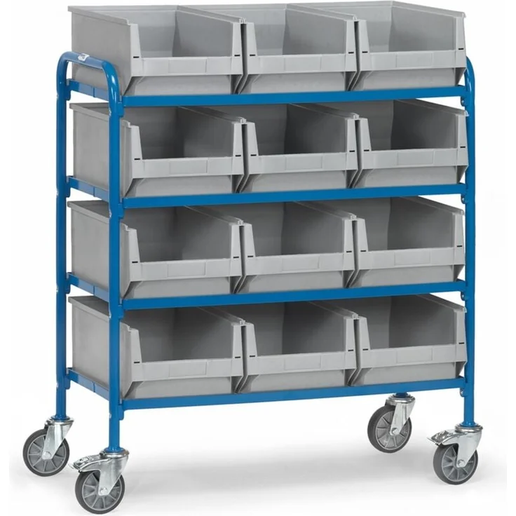 Fetra Beistellwagen mit 12 Sichtlagerkästen, Ladefläche 940 x 470 mm, pulverbeschichtet in Blau, Tragkraft 250 kg
