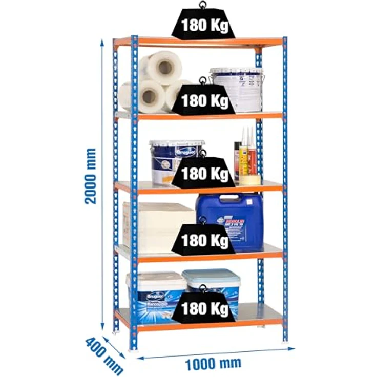 Simonrack Simonclick Plus Metallregal, 200 x 100 x 40 cm, 5 Böden, Traglast 180 kg pro Boden, Stecksystem, blau/orange – Bild 2