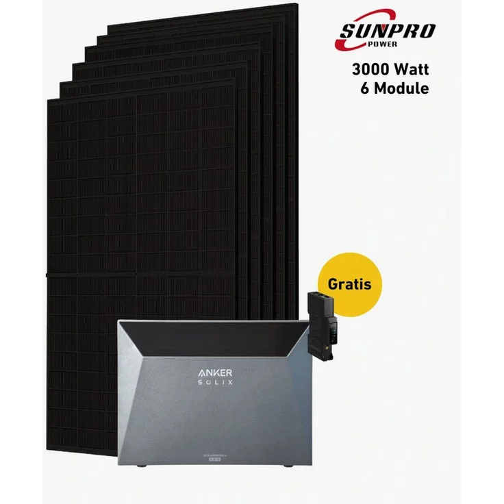 Balkonstrom Balkonkraftwerk 3000W Komplettset mit Anker Solix 4 Pro Speicher E5000, 6x 500W Monokristalline Solarmodule, Bifazial, flexible Montage für Balkon, Fassade und Garten