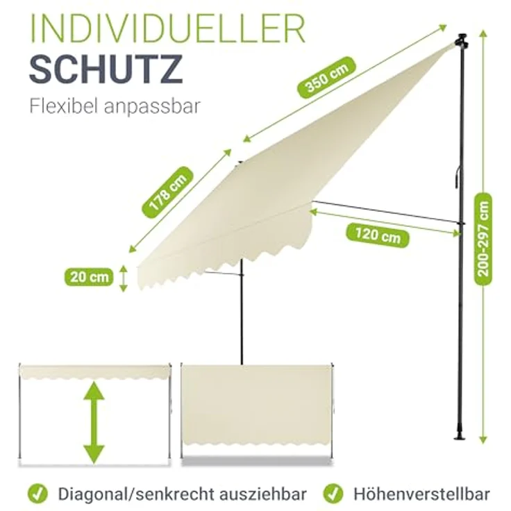Juskys Klemmmarkise Kapstadt 350x120 cm - Höhenverstellbar & UV-beständig - Wetterfest & Sichtschutz Beige – Bild 5