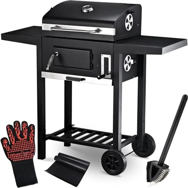 deluxe4home® Grillwagen XXL Holzkohlegrill mit Deckel I Grill Rollbar mit seitlicher Ablage I inkl. Grillhandschuh I Rollgrill Standgrill – Bild 1