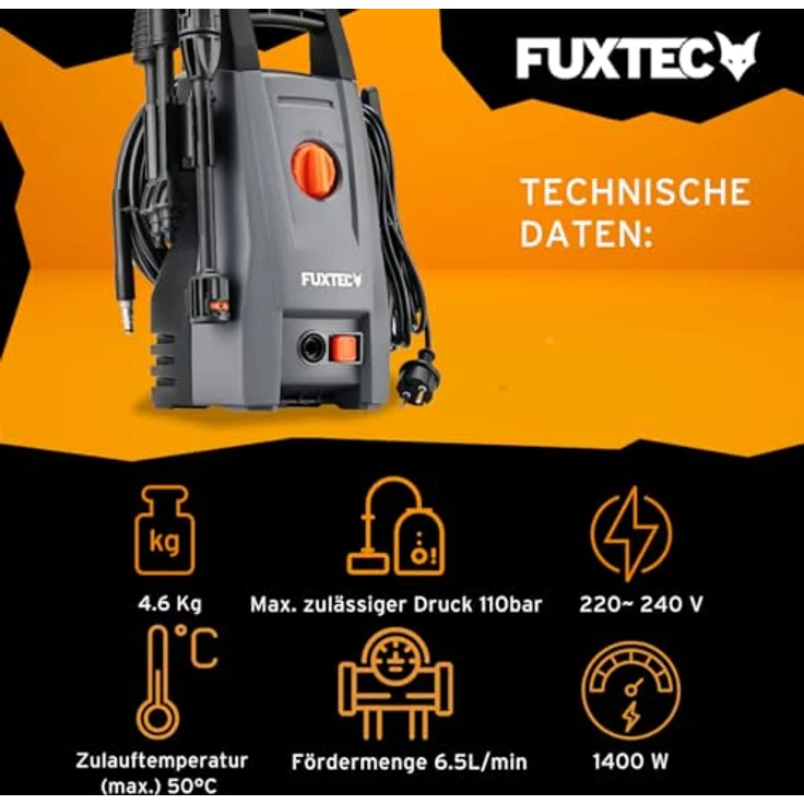 FUXTEC Hochdruckreiniger FX-HDR1400, Leistungsstarker Reiniger mit 1400 Watt und optionalem Reinigungsmittelflasche – Bild 3