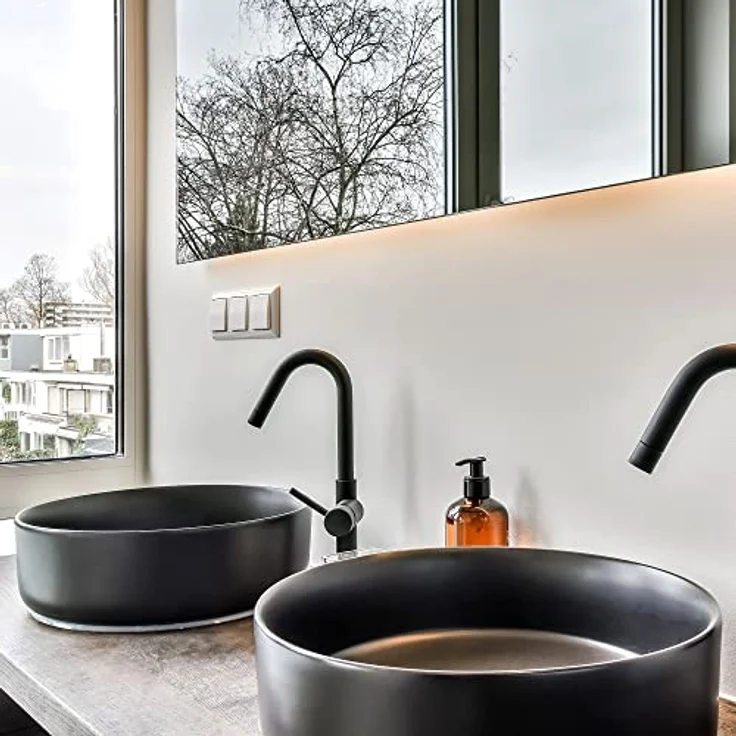 LuxeBath Waschbecken Aufsatzwaschbecken aus Keramik für Badezimmer/Gäste-WC, Rund, Schwarz, Ø 360 x 120 mm, Armatur mit Standard-Anschluss – Bild 8