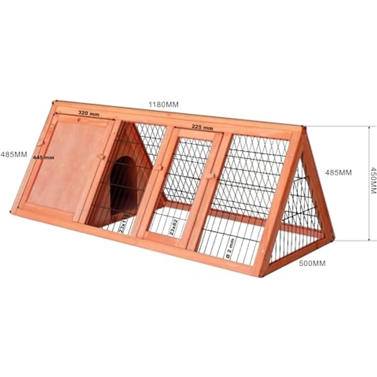 Wiltec Hasenstall in Dreiecksform, 118 x 50 x 45 cm, Kaninchenstall aus Fichtenholz, Außengehege mit Türen, Platzsparendes Design, Einfache Reinigung, Sicherer Rückzugsort – Bild 5