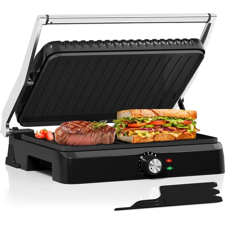 HOMELUX Elektrogrill Kontaktgrill 3 in 1 Multigrill, 2200W Grill, Elektrischer Optigrill, Antihaftbeschichtet, Edelstahl Tischgrill in Schwarz 34X23CM mit Zubehör