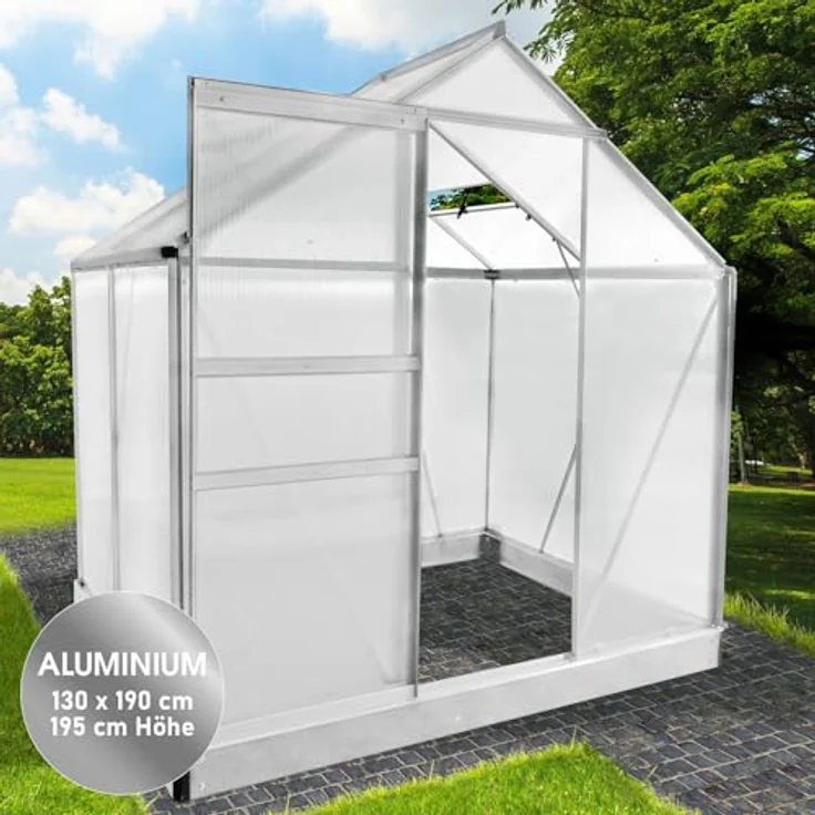 BRAST Gewächshaus Aluminium mit Fundament | 6mm Hohlkammerplatten | rostfrei wetterfest temperaturbeständig | 130x190x195cm Silber – Bild 2