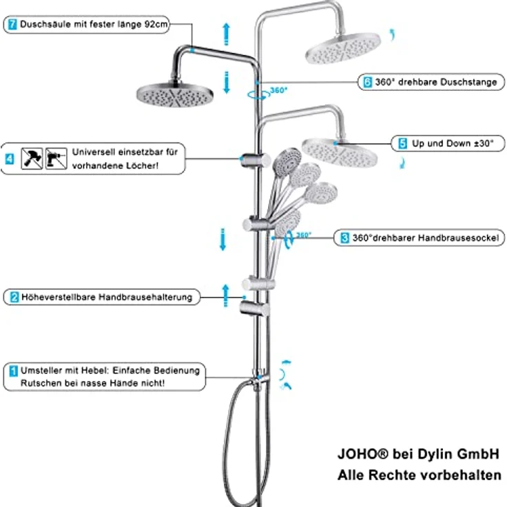JOHO Edelstahl Duschsystem mit Regendusche, 20 cm Chrom, ohne Armatur, ABS, inklusive XL-Handbrause und verstellbarer Wandhalterung – Bild 4