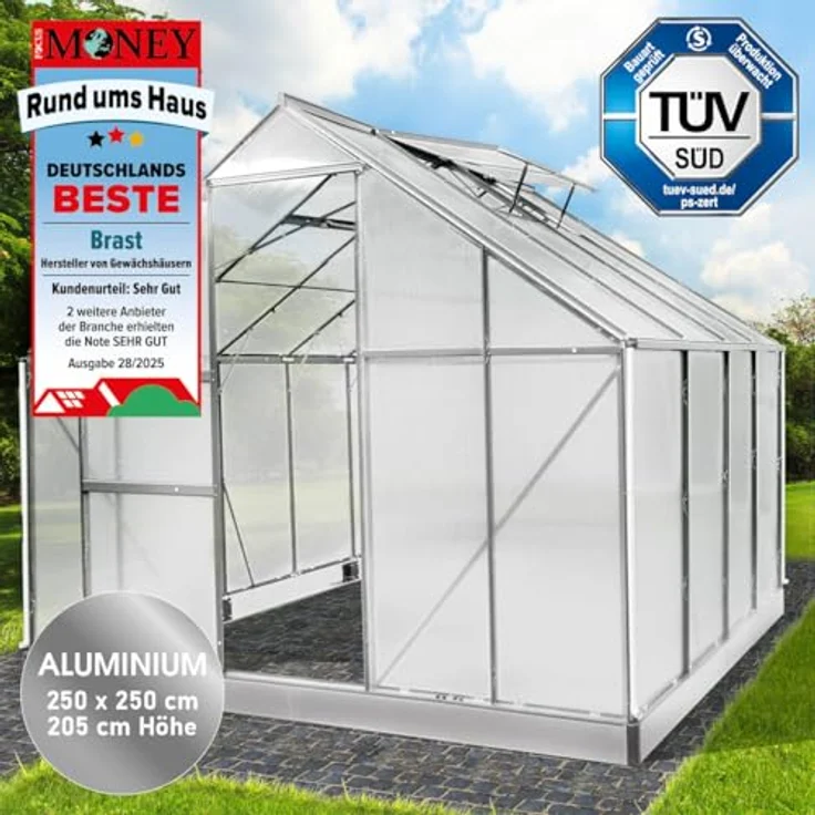 BRAST Gewächshaus Aluminium mit Fundament, 250x250x205cm, TÜV geprüft, 6mm Hohlkammerplatten, rostfrei, wetterfest, temperaturbeständig, Silber – Bild 2