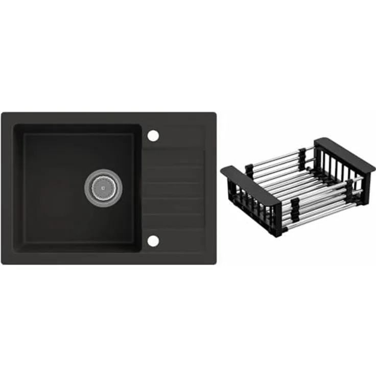 Lindbergh Spülen Rein Schwarz Granit Einbauspüle "SIM44 + Korb" Antibakteriell + Siphon - MADE IN GERMANY (7. Spüle SIM44 + Korb)