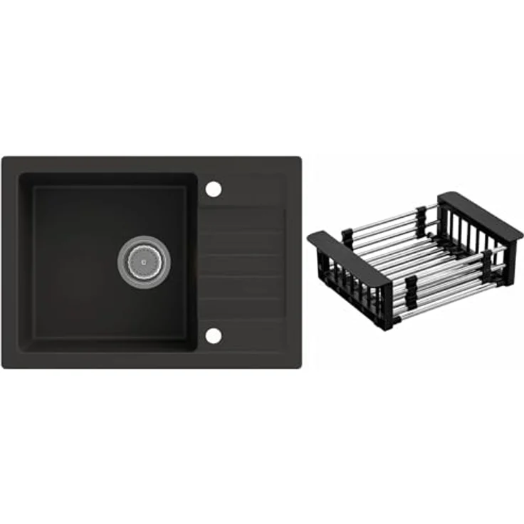 Lindbergh Spülen Rein Schwarz Granit Einbauspüle "SIM44 + Korb" Antibakteriell + Siphon - MADE IN GERMANY (7. Spüle SIM44 + Korb) – Bild 1