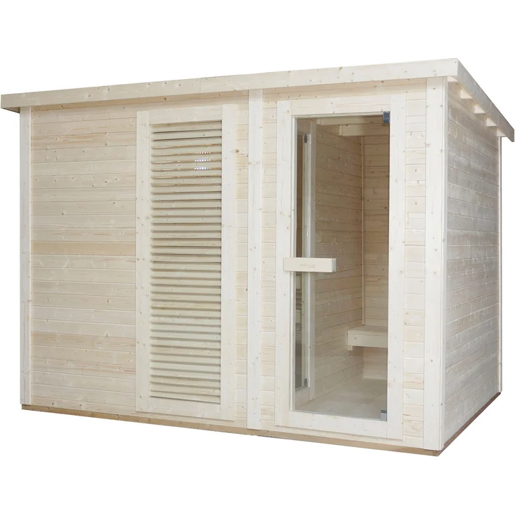 Sanotechnik Sauna VAASA Außensauna, 310 x 230 x 219,5 cm, 3,8 mm, für 5 Personen, Fichetnholz